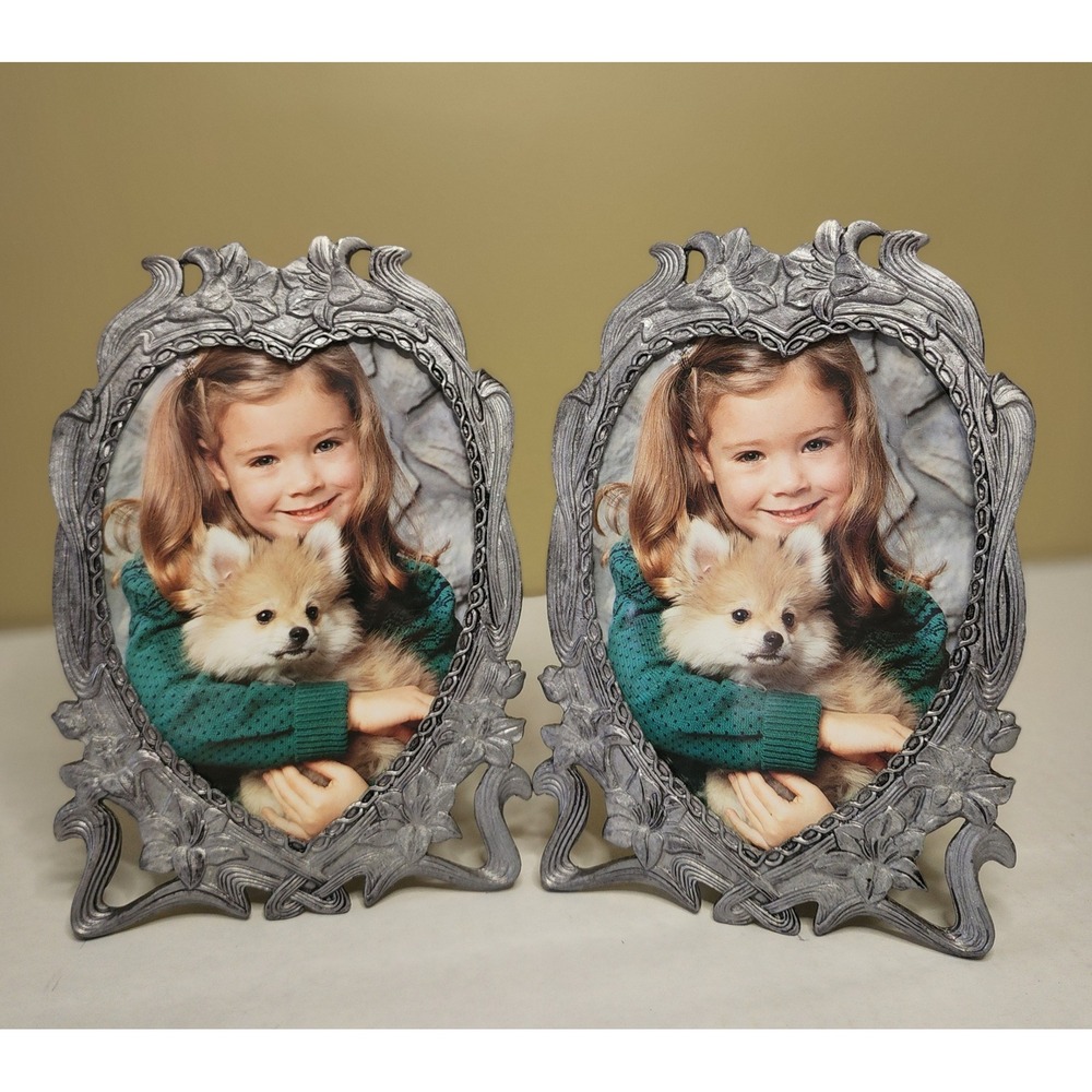 Vintage Ornate Cast Metal Picture Frames Pewter Tone Art Nouveau Floral Good Set